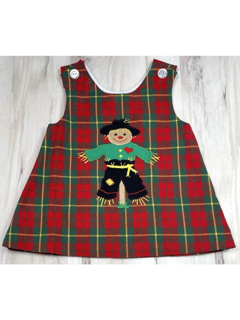 VTG KELLY'S KIDS 12M Red/Green Tartan Plaid Embroidered Scarecrow Fall JUMPER
